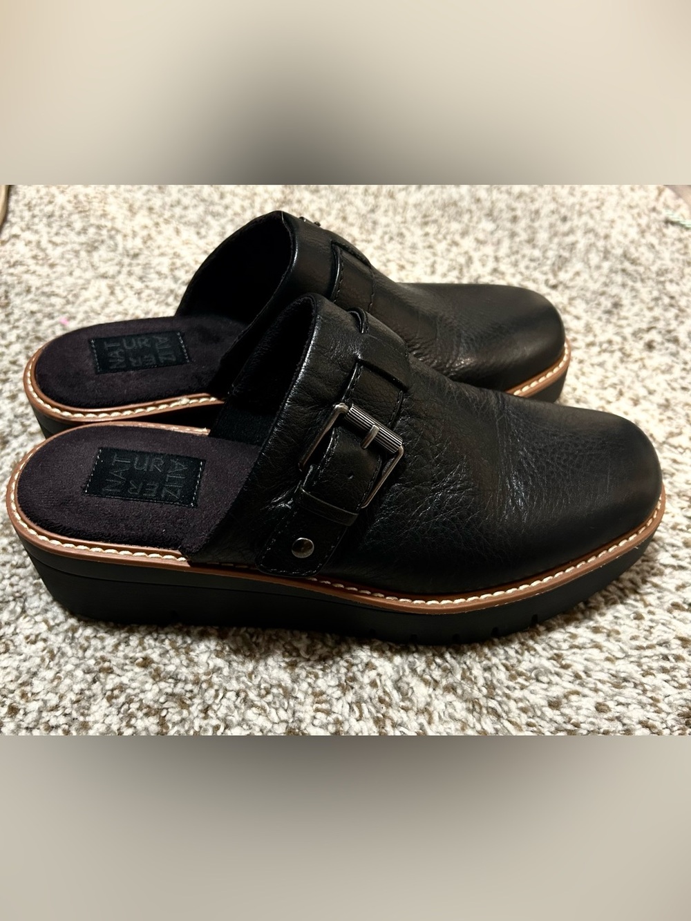 Naturalizer Black Leather Buckle Platform Clog Mule